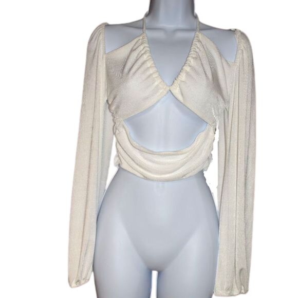 Gab & Kate White Off Shoulder Blouse Medium Tie Front Sexy V Neck Top - Picture 1 of 12